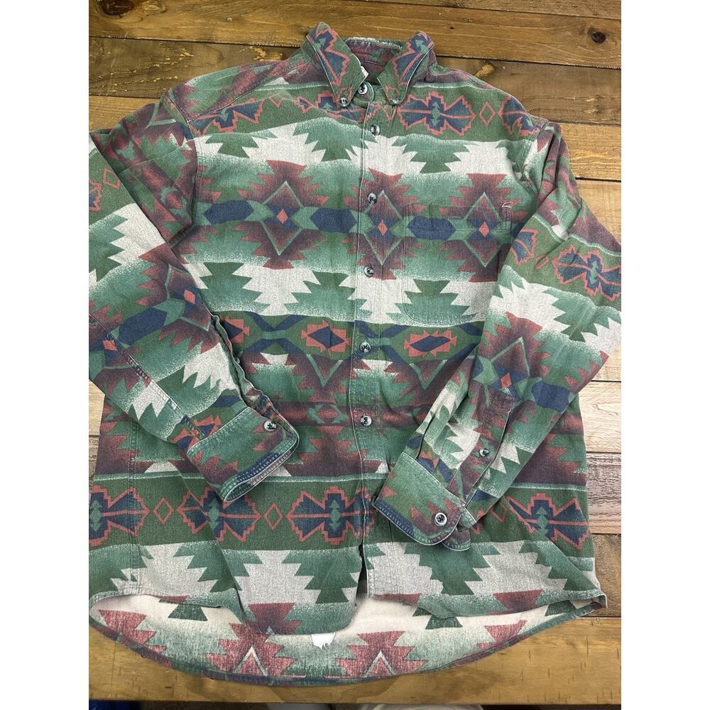 Vintage Cabelas Shirt Mens M Red Green Aztec Flannel Long Sleeve